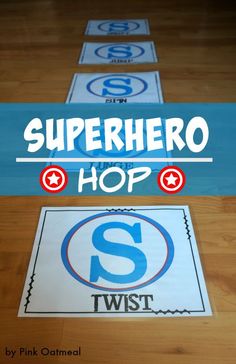 Superhero Gross Motor Game – Superhero Hop What a fun way to get the kids moving! #grossmotor #pediatricPT #physicaltherapy #superherothemed