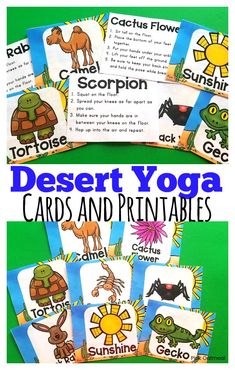 Desert Yoga Cards and Printables are the perfect activity to add movement to the day. Kids will love these fun poses including sunshine, gecko, camel and more! Great for preschool, kindergarten and up. #kidsyoga