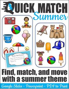 Quick Match Summer is a super fun, visual perceptual, physically active, card game. Be the first player to spot the ONE matching summer activity or object on each set of two cards. After you find it, complete the summer activity on the following slide. This game can be played on Google Slides, Powerpoint or PDF to print it. There are 25 puzzle pages and 25 brain breaks to get children practicing visual perceptual skills and increasing physical activity. (affiliate)