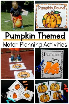 Pumpkin themed motor planning activities. Pumpkin themed fine motor and gross motor activities that are perfect for the classroom, therapy, or home. A great way to work on fine motor and gross motor skills in the fall!