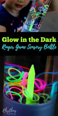 Learn how to make this fun glow-in-the-dark ringer game with glow-in-the-dark loom bands and this easy DIY sensory bottle tutorial. | Rhythms of Play