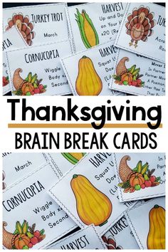 Thanksgiving brain break cards. All cards are designed to be fast, fun, and efficient with physical activity in mind. A great brain break, gross motor break, or fun for therapies (OT, PT, SLP). Use these the entire month of November!