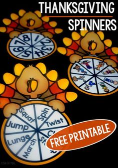 Free Thanksgiving Printables – Thanksgiving Brain Breaks. Use these cute turkey spinners to add movement to your kiddos day! #thanksgivingactivites #brainbreaks #grossmotor #freepritnable