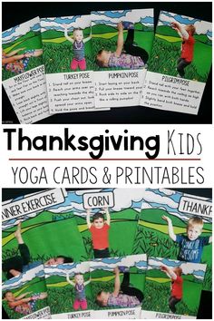 Thanksgiving kids yoga cards and printables with real kids in the pictures. Thanksgiving themed yoga poses for kids. A fun Thanksgiving themed brain break activity. A fun thanksgiving themed gross motor activity. Use this in a classroom, therapy (occupational therapy, physical therapy, or speech therapy). Your kids will love this Thanksgiving activity and so will you!