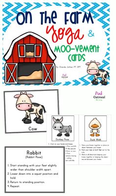 Farm Themed Yoga and Animal Movement Cards and Printables. Perfect for brain breaks, centers, SPED, PE, and therapies! #kidsyoga #grossmotor #physicaltherapy #pediatrics #farmthemed