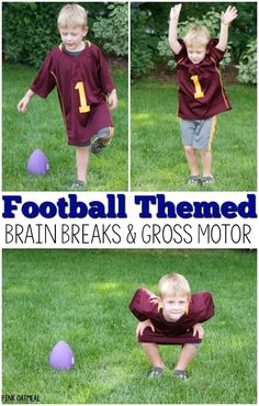 Football activities! These football movement and physical activity ideas are perfect for a classroom, preschool gross motor, physical education, PT, OT, or SLP. The football theme makes it fun for fall or autumn gross motor and brain break ideas! They also are a great addition to the Super Bowl. The kids love them year round! #brainbreaks #grossmotorideas #preschoolgrossmotor #football #SuperBowl