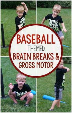 Baseball themed activities! This one is the best for baseball themed games, gross motor, or a brain break. Use these baseball themed brain breaks in the classroom, for preschool gross motor, PT, OT, SLP or at home. The kids LOVE the baseball theme. Such great ideas for World Series gross motor and World Series games too!