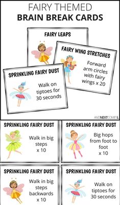 This set of fairy themed brain break cards contains 40 cards designed to give your kids a brain and body break. Each card features a colorful fairy alongside a gross motor activity suggestion. Kids will love stretching, jumping, moving and awakening their senses with these beautifully simple brain break cards (affiliate)