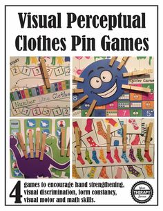 Visual Perceptual Clothespin Games digital download includes 4 games to print and play to encourage hand strengthening, visual discrimination, form constancy, visual motor and math skills. Match up the dinosaur shadows, move along the number clothesline, hang up the patterned socks or give the spiders 8 legs. (affiliate)