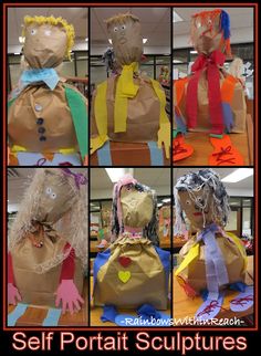 Self portrait sculptures from paper bags. Preschool project “All About Me”
