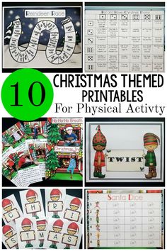 Christmas themed printables. Ten different Christmas themed printables that promote physical activity. The printables are great for brain breaks, kinesthetic learning, gross motor stations and more! Use for preschool gross motor, therapy sessions, or at home!
