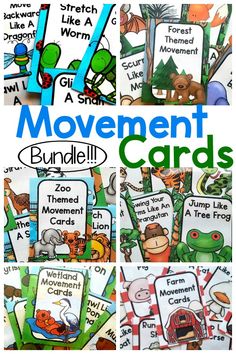 Fun ways to incorporate movement into the day! Use these for preschool gross motor, kinesthetic learning, or use during your therapy sessions. Great as an occupational therapy intervention or physical therapy intervention. Have fun moving with all of the different themes! #movementcards #brainbreaks #physicaltherapy