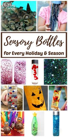 Sensory Bottles for Every Holiday & Season – Calm down jars and discovery bottles provide a way for children to learn to self-regulate. They also deliver hours of safe, no-mess, sensory play. Try these sensory bottle recipes today! | #RhythmsOfPlay #SensoryPlay #PositiveParenting #PositiveBehavior #Toddlers #Preschool #Kindergarten #BehaviorManagement #SensoryBottles