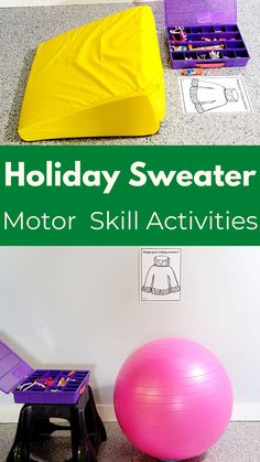 Check out all of these different holiday sweater gross motor and fine motor activities. Decorate ugly christmas sweaters and work on fine motor skills. Change up the positions and now you have gross motor skills at play. This is an amazing holiday activity for both fine motor and gross motor skills.