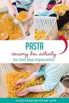 Pasta noodles make for a great sensory bin play time for toddlers and preschoolers. Watch them learn and explore with their sense of touch and even sound.