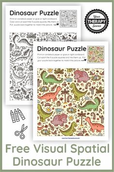Get a FREE Dinosaur Puzzle sample! The Visual Spatial Puzzles – Square Puzzle Pack includes 11 puzzles to challenge the ability to visually perceive two or more objects in relation to each other. The puzzles are in black and white AND color. This digital download is suitable for ages 5+. (affiliate)
