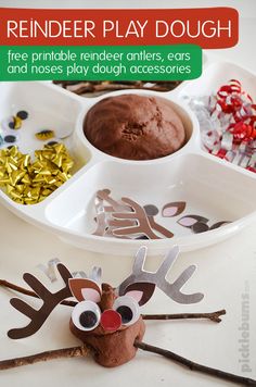 Reindeer Play Dough! Free Printable accessories The kids will love making crazy cute Christmas reindeer with this reindeer playdough set up and free printable reindeer playdough accessories!