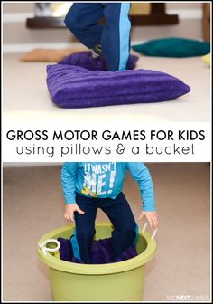 8 gross motor activities for kids using pillows & a bucket – great boredom buster ideas from And Next Comes L