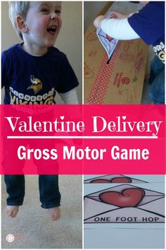 Valentine’s Day Game for gross motor. A great Valentine’s Day idea for the kids! Valentine Delivery Game will be sure to engage the kids in movement!- Pink Oatmeal