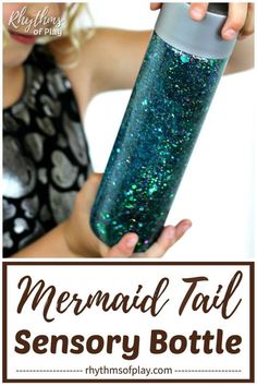 Mermaid Tail Glitter Sensory Bottle DIY – Learn how to make your own glittering mermaid tail! Calm down discovery jars like this glitter sensory bottle can be used for portable no mess safe sensory play, calming an overwhelmed or anxious child, helping children learn to self-regulate. | Rhythms of Play