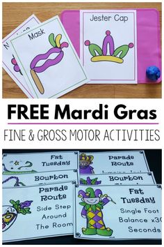 Mardi Gras Brain Break and Fine Motor Freebies | Pink Oatmeal A fun way to work on gross motor skills and fine motor skills with a Mardi Gras theme. Get these FREE printables today! Your kids will LOVE them and so will you.
