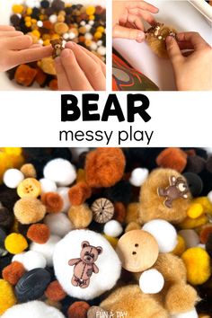 Add this bear messy play to your next preschool or kindergarten bear theme. What a great way to explore sensory, math, and literacy skills with a dry messy play experience. Click on the Fun-A-Day.com link for more information.