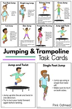 An awesome set of task cards that incorporate different ways of jumping and using the trampoline! Use these to create stations, home programs, sensory or motor programs and more. These are great for the classroom, physical therapy, occupational therapy and more!