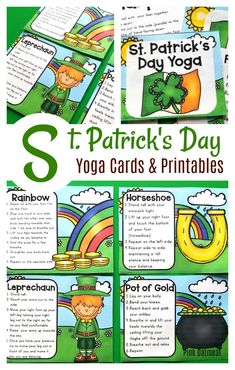 Fun St. Patrick’s Day Yoga Cards for adding movement into your preschooler’s day. Fun poses to try at a party or use as a brain break. Kids will love seeing the leprechauns and hunting for the pot of gold! Great for preschool, kindergarten and up! #kidsyoga