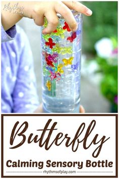 Both children and adults will love this butterfly sensory bottle. Calm down bottles or jars like this are most often used to help soothe an overwhelmed child and as a meditation technique for kids. | Rhythms of Play