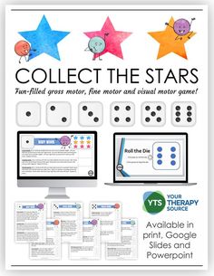 The Collect the Stars game is a fun, interactive, sensory motor digital and print game. Children will roll the virtual or regular die to determine which star to collect from different gross motor, fine motor, and visual motor activities. The first player to complete one activity from each slide is the winner! (affiliate)
