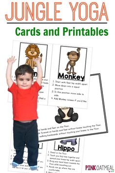 Kids yoga with a jungle theme. Pose like a monkey or lion! Cards and printables in the pack! #kidsyoga #physicaltherapy #pediatrics