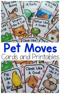 Pet themed activities. Fun ways to move your body like your favorite pets. Use these for your pet activities for preschool. Use them for pet themed gross motor or pet themed brain breaks!