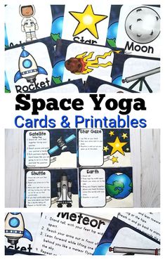 Space yoga cards and printables consist of fun yoga poses for toddlers, preschoolers and up. A great way to incorporate movement and brain breaks into your day! Kids will love pretending to be the moon, star, rockets and more! Want pictures of real kids? We have that at Pink Oatmeal too, same poses, just different presentation! Perfect no prep brain break for indoor recess or circle time or just free time. #kidsyoga