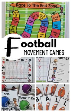 Fun football activities. These football printables are designed with movement in mind. Use the football themed games at home, in the classroom, physical education, or for your football party! A fun football activity for the classroom or home! #football