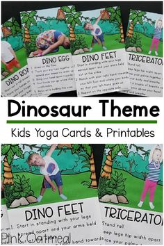 Dinosaur themed kids yoga! Fun kids yoga poses that are perfect for your dinosaur lover or dinosaur theme. These are great for preschool gross motor or kindergarten physical education. Use these printable yoga cards at home, the classroom, therapy and more!