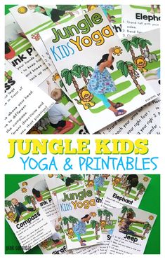 Check out these jungle animal yoga cards. Preschoolers will love these activities with real kids to show them how to do the pose! Great for a jungle theme or an animal party! #kidsyoga