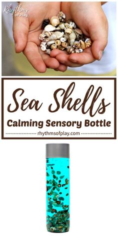 Sea Shells Calming Sensory Bottle! This DIY seashell sensory bottle, with slow falling shells, is perfect for calming an overwhelmed child. Discovery bottles like this are also great for no-mess, safe, sensory play. Babies and toddlers can investigate seashells without the risk of choking on them. | #Seashell #SensoryPlay #SensoryBottle #CalmDown #SummerInABottle #PositiveParenting #BehaviorManagement #DiscoveryBottles