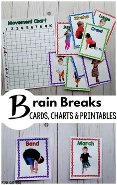 Brain break cards, full sheet printables, and charts. Perfect for brain breaks for the classroom, classroom physical education, and preschool gross motor. A great resource for a physical education activity too! #brainbreak #grossmotor