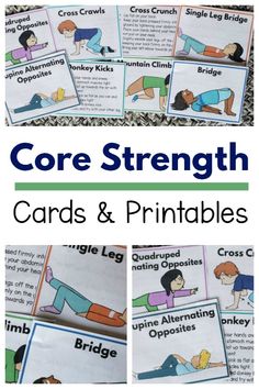 Get your set of core strength cards and printables. This set is ideal for kids! The pictures and descriptions make the exercises easy to follow. As a bonus, several of these strengthening activities also incorporate midline crossing! These are so fun and easy to use every single day!