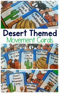 Movement Cards with a desert theme! These are perfect for your desert unit or habitats unit. Use these for preschool gross motor or as a brain break. A fun way to combine movement and learning! #movement #physicalactivity #brainbreaks #grossmotor #pediatricphysicaltherapy #pediatrics
