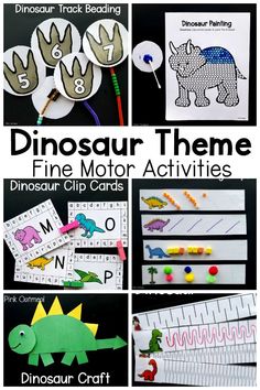 Dinosaur themed fine motor activities. Fun fine motor activities for preschool or kindergarten aged students. Great for occupational therapy interventions. Perfect for use at home. The dinosaur themed activities go great with a dinosaur theme or to use with your dinosaur lover!