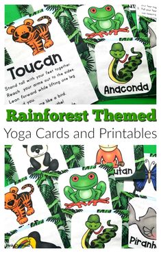 These rainforest themed yoga cards and printables are great to movement to your lesson plans. Kids will love these poses that include toucan, piranha, anaconda and more. Perfect for preschool, kindergarten and up. These activities are great for school, OT, PT, preschool and home. #kidsyoga