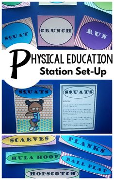 Physical education station set-up that is ready to go for you. Sixteen different stations with 3 different labels for each station making it flexible to use anywhere. Included with each station are instructions, descriptions and suggestions on how to implement! These are not only great for physical education but are fabulous for a classroom or therapies! #physicaleducation