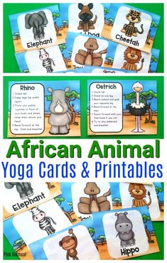 These African Animal Yoga Cards and Printables are perfect to add movement into your Continent or African lesson plans. Kids will love these great activities and get to be hippos, rhinos and lions. Perfect for toddler, preschool, kindergarten and up. #kidsyoga