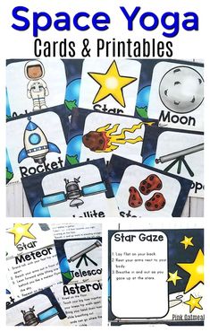 Space yoga cards and printables add movement to preschoolers day. Preschoolers, kindergartens and up will enjoy these fun poses. Kids will love pretending to be rockets, moons, stars and more! Want real kids yoga instead? We have that too at Pink Oatmeal, same poses just a different presentation.