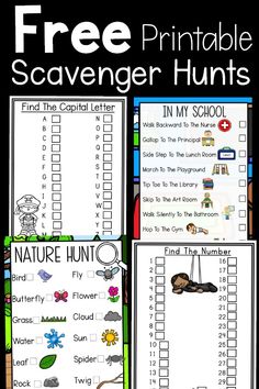 Free printable scavenger hunts. These printables are a great way to get kids moving and learning at the same time. Alphabet, Number, Nature, and School Scavenger Hunts!