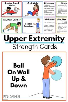 Get a full set of hard to find upper extremity strengthening cards. These are ideal for a wide range of kids. Get them in card or printable form. Go digital by pulling them up on your tablet or computer. A great home programming resource for physical therapists, occupational therapists, physical education teachers and beyond!