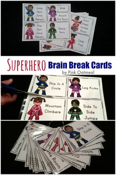 Get the kids moving with the Superhero theme! These are perfect to go along with a Superhero theme or for use in the home or classroom! Get the kids moving! – Pink Oatmeal #brainbreaks #grossmotor #physicalactivity #physicaltherapy #pediatrics