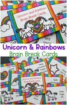 It really can be all unicorns and rainbows! Fun brain breaks for kids! Use these as a preschool brain break, kindergarten brain break and for all elementary school aged kids! These printable brain break cards are so much fun. The unicorn and rainbow theme makes it the perfect unicorn activity! These are great for home (think parties), school, and therapies!