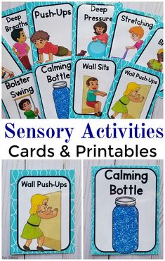 Sensory Activities Cards and Printables. These are great for calm down activities, calm down kits, special education, occupational therapy, physical therapy, the classroom and more! Easy to use sensory activity cards and full sheet printables.